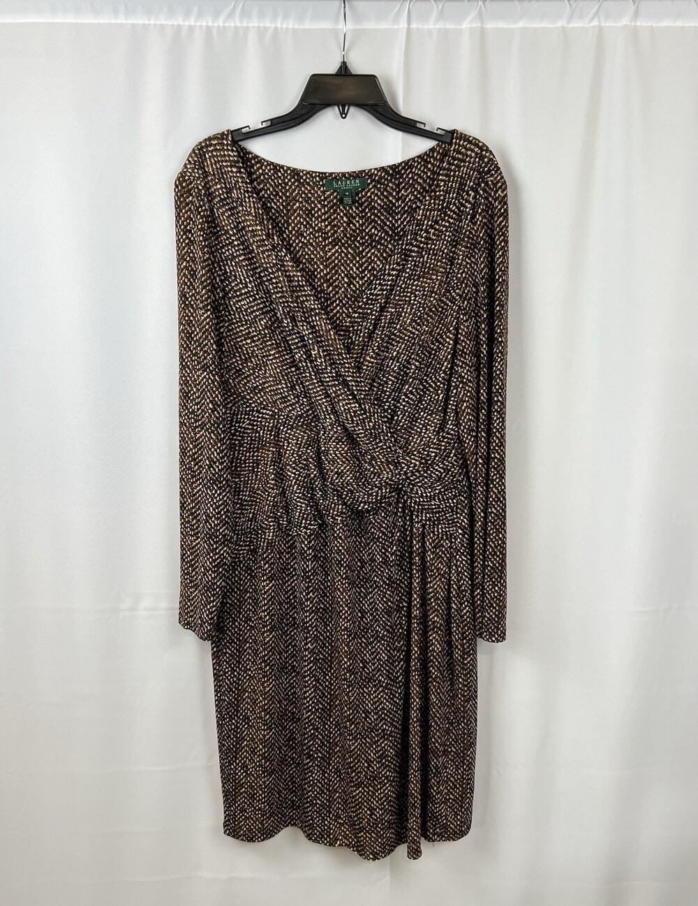 Lauren Ralph Lauren Brown Snake Skin Print Faux Wrap Dress Size 18 V Neck Lined